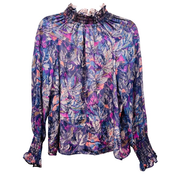 Rebecca Taylor Tops - Rebecca Taylor Silk Metallic Floral Smocked Mock Neck Blouse Purple Blue Size 0